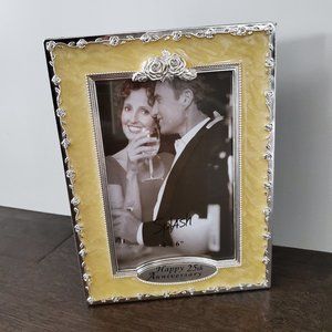 25th Anniversary Mother of Pearl Photo Frame Silver Rose Vines Edge Stone Accent